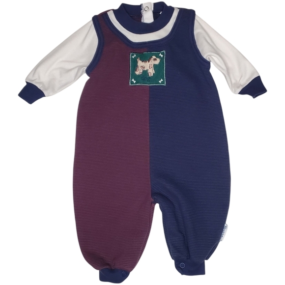 Vintage Healthtex Jumpsuit Long-sleeve Maroon|Blue Baby Boys 6-9 Months - Picture 1 of 4